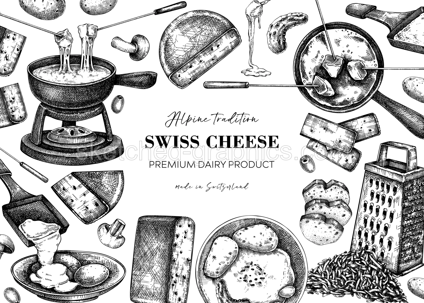 Swiss cheese hand drawn vector illustration. Vintage food background. Fondue and raclette sketches. Perfect restaurant menu, packaging, or prints. NOT AI generated Illustration